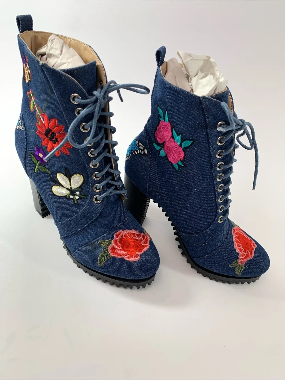 Womens Denim Western Boho Urban Cowgirl Embroidered Lace-Up Ankle Bootie 7M